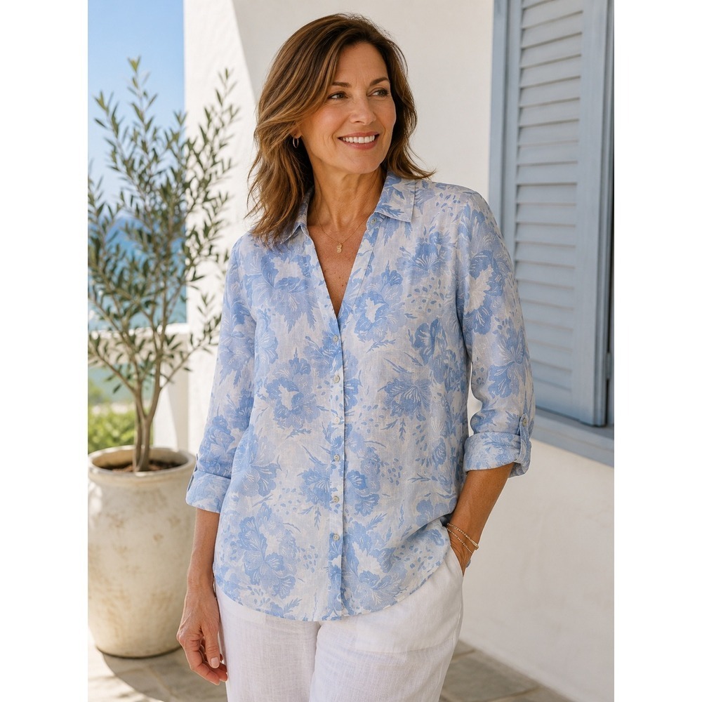 Sigrid Olsen 100% Linen Shirt M Blue Floral Coastal Grandmother Resort Blouse